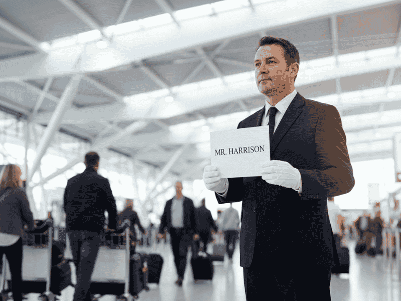 Heathrow airport meet and greet chauffeur Terminal 5 arrivals hall named driver UK