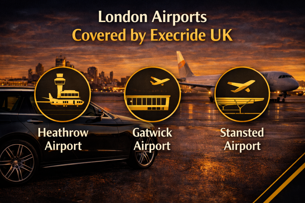 London airport chauffeur transfers covering Heathrow, Gatwick and Stansted airports