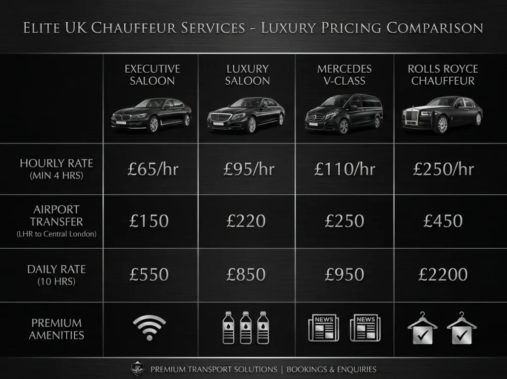 UK personal driver hire prices by vehicle class