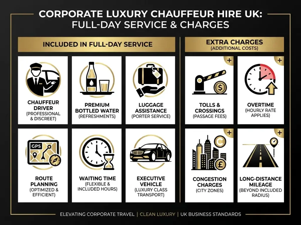 What is included in a full-day chauffeur hire service in the UK