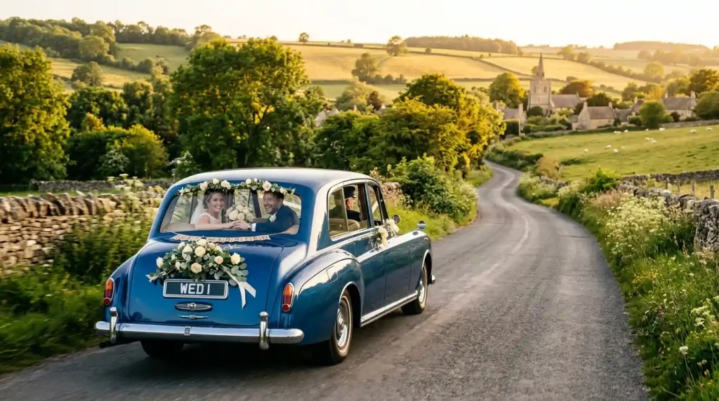 Newlywed couple travelling in a luxury chauffeur-driven wedding car through the UK countryside