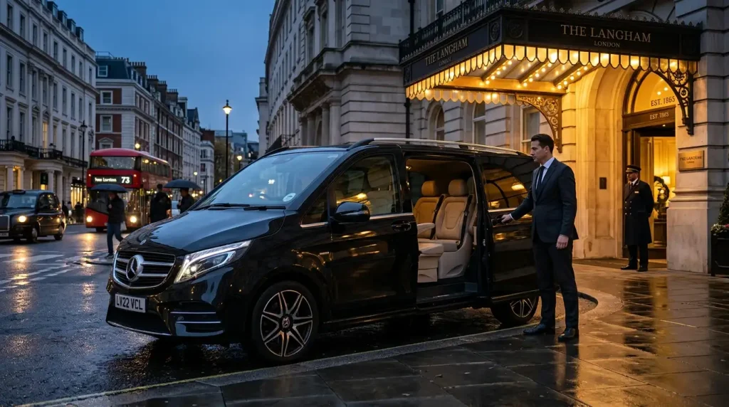 Black Mercedes V-Class chauffeur car parked outside a London hotel entrance