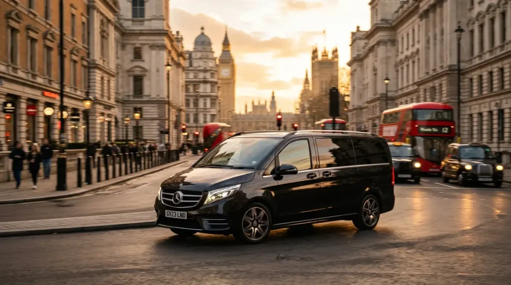 Black Mercedes V-Class chauffeur car driving through central London at golden hour
