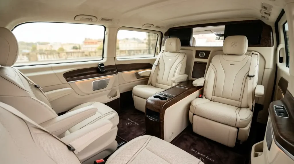 Cream leather interior of a Mercedes V-Class arranged in a conference seating layout