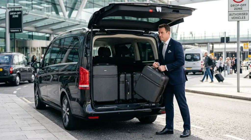 Chauffeur loading luggage into a black Mercedes V-Class for a London airport transfer
