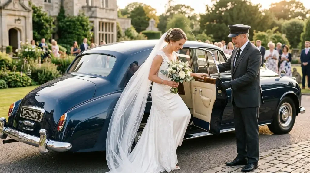 Bride being helped into a chauffeur-driven wedding car, illustrating UK wedding car etiquette