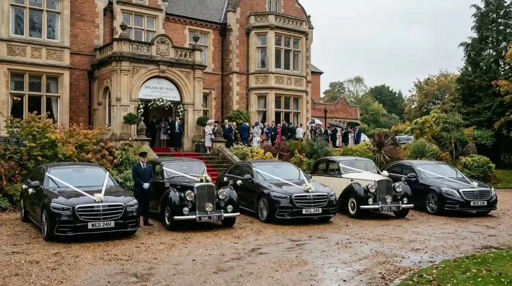 Luxury wedding car fleet including Mercedes and Bentley outside a Birmingham wedding venue
