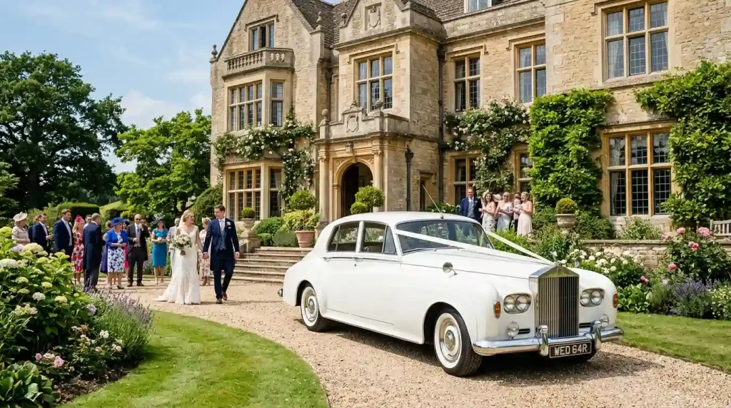 White vintage Rolls-curity wedding car decorated with ivory ribbon outside a UK country house venue