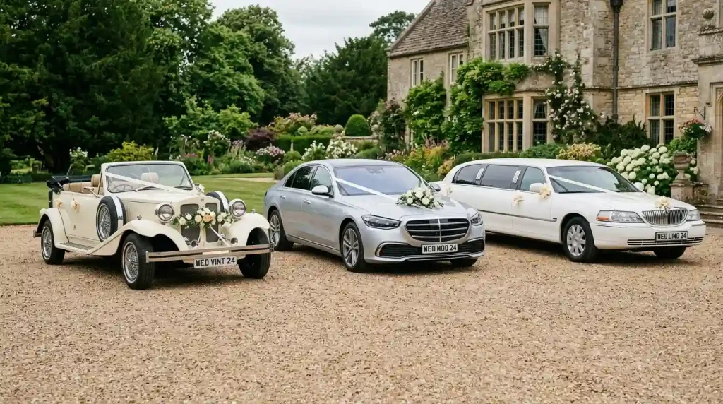 Comparison of vintage, modern luxury, and limousine wedding car hire options in the UK