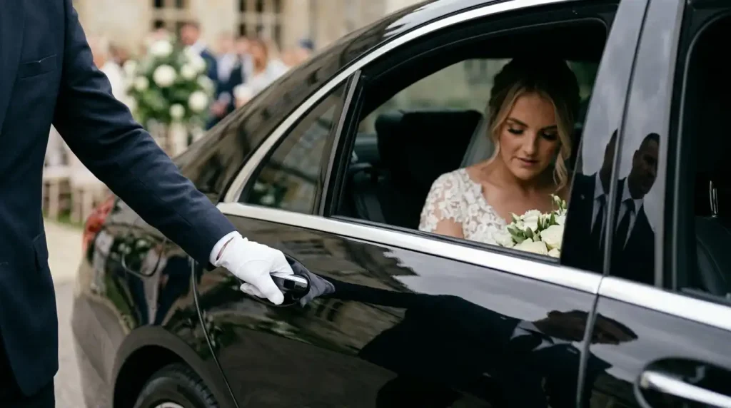 Professional wedding chauffeur in uniform opening the door of a luxury bridal car