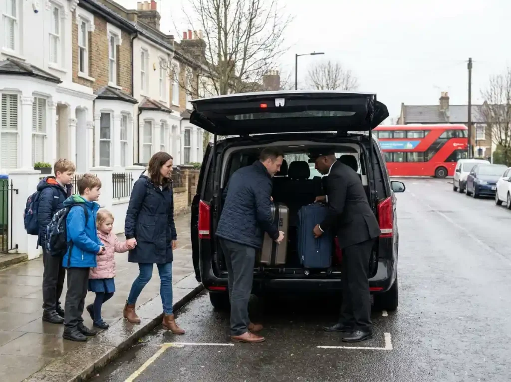 Car hire with driver for group and family travel in the UK — Mercedes V-Class with chauffeur loading luggage