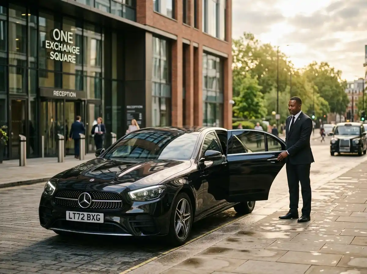 Car hire with driver UK — professional chauffeur standing beside a black Mercedes E-Class outside a UK office