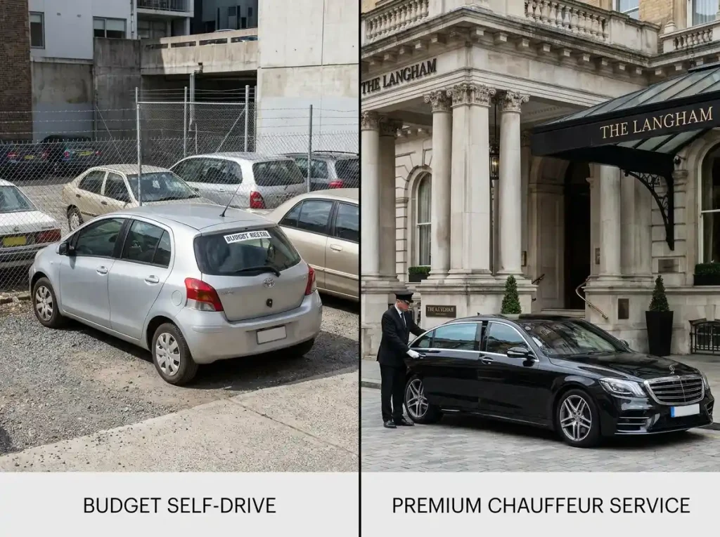 Car hire with driver compared to self-drive rental in the UK — premium chauffeur service vs budget car hire