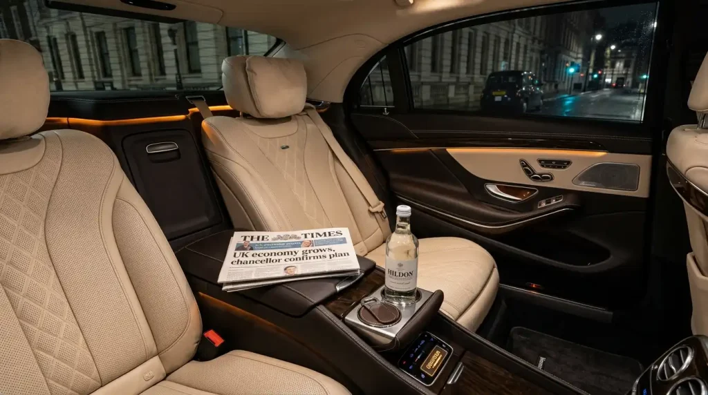 Interior of a luxury chauffeur driven car in the UK with leather seats and ambient lighting