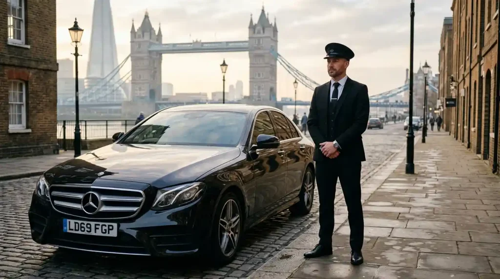 Chauffeur for the day in London — ExecRide professional driver beside Mercedes