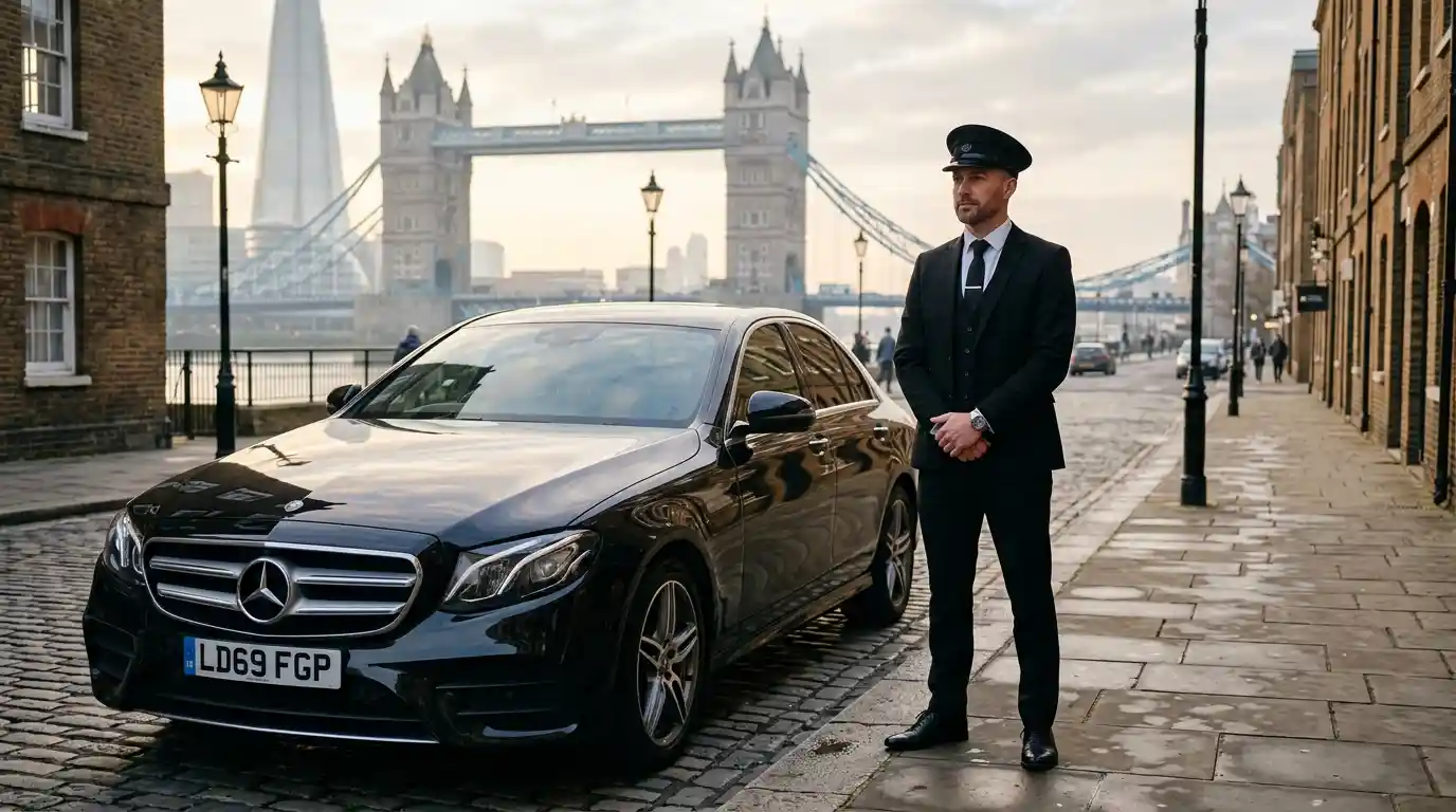 Chauffeur for the day in London — ExecRide professional driver beside Mercedes