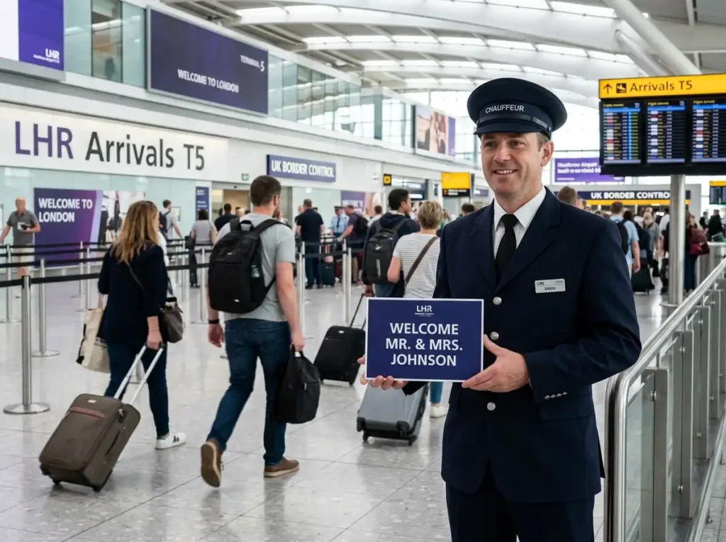 Corporate chauffeur providing airport transfer meet and greet at Heathrow UK