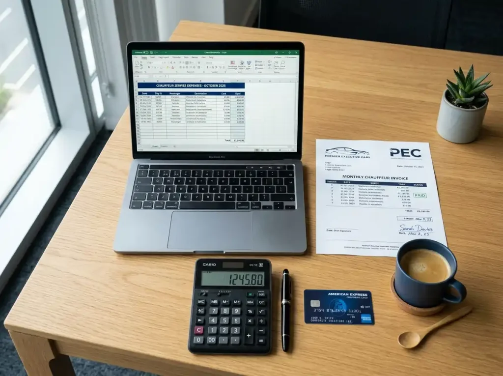 Monthly corporate chauffeur account invoice on a business desk in the UK