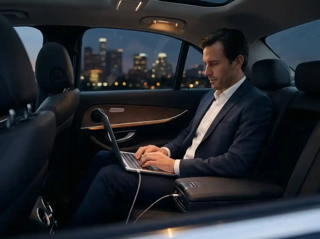 Executive car hire with driver for business travel — working in the rear of a chauffeured Mercedes