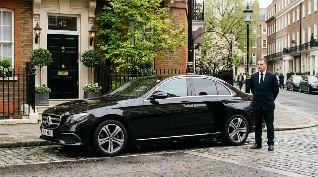 Executive chauffeur hire in London — Mercedes E-Class outside London townhouse