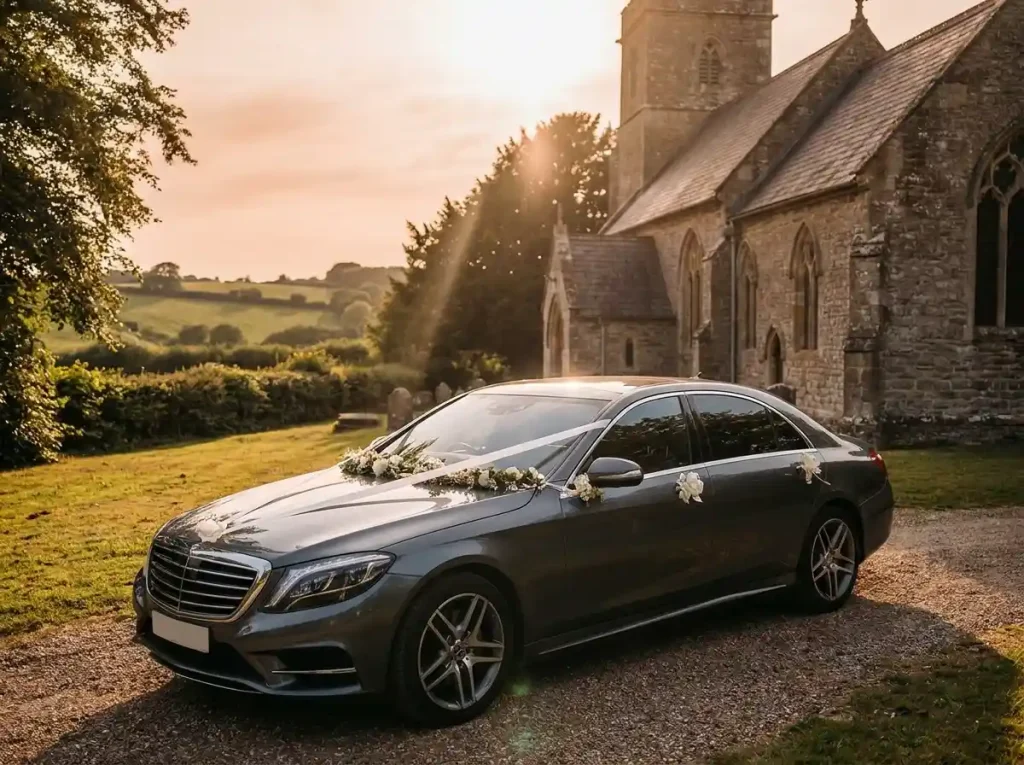 Luxury car hire with driver for UK weddings — decorated Mercedes outside an English church