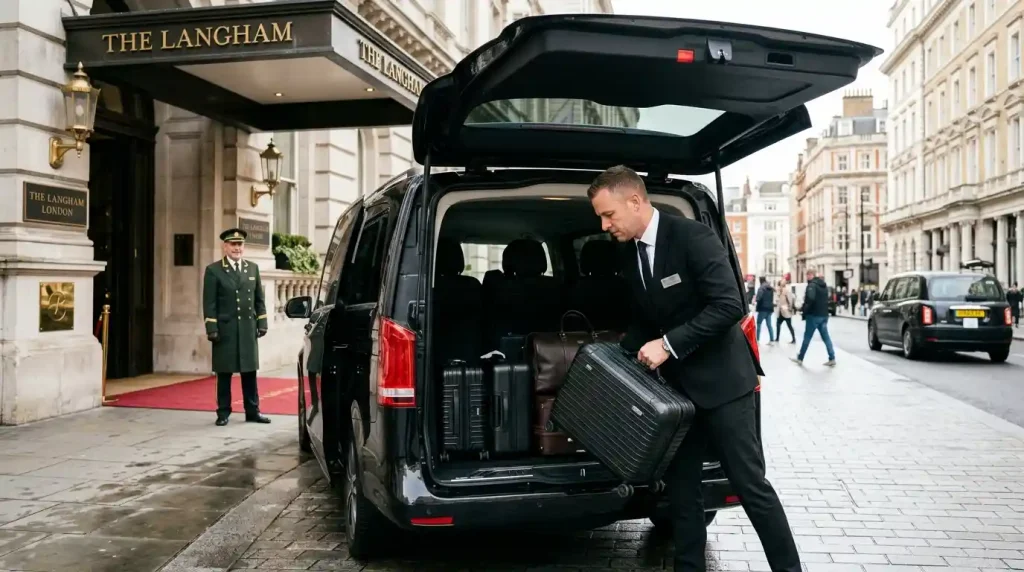 Mercedes Benz chauffeur loading luggage into V-Class in London