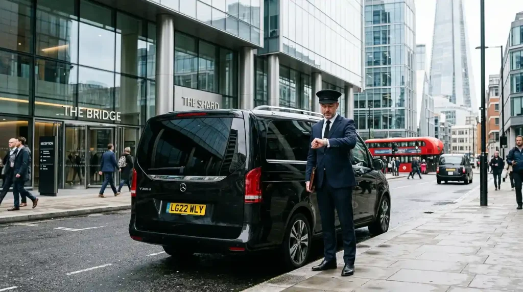 Personal chauffeur waiting outside London office during full day hire