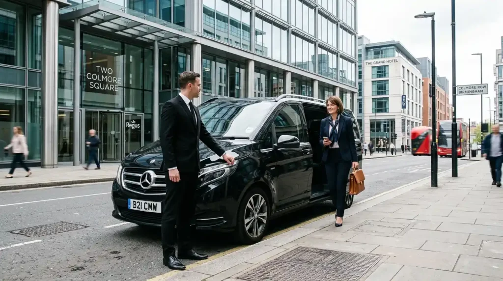 Personal chauffeur opening car door for a business executive outside a UK office building