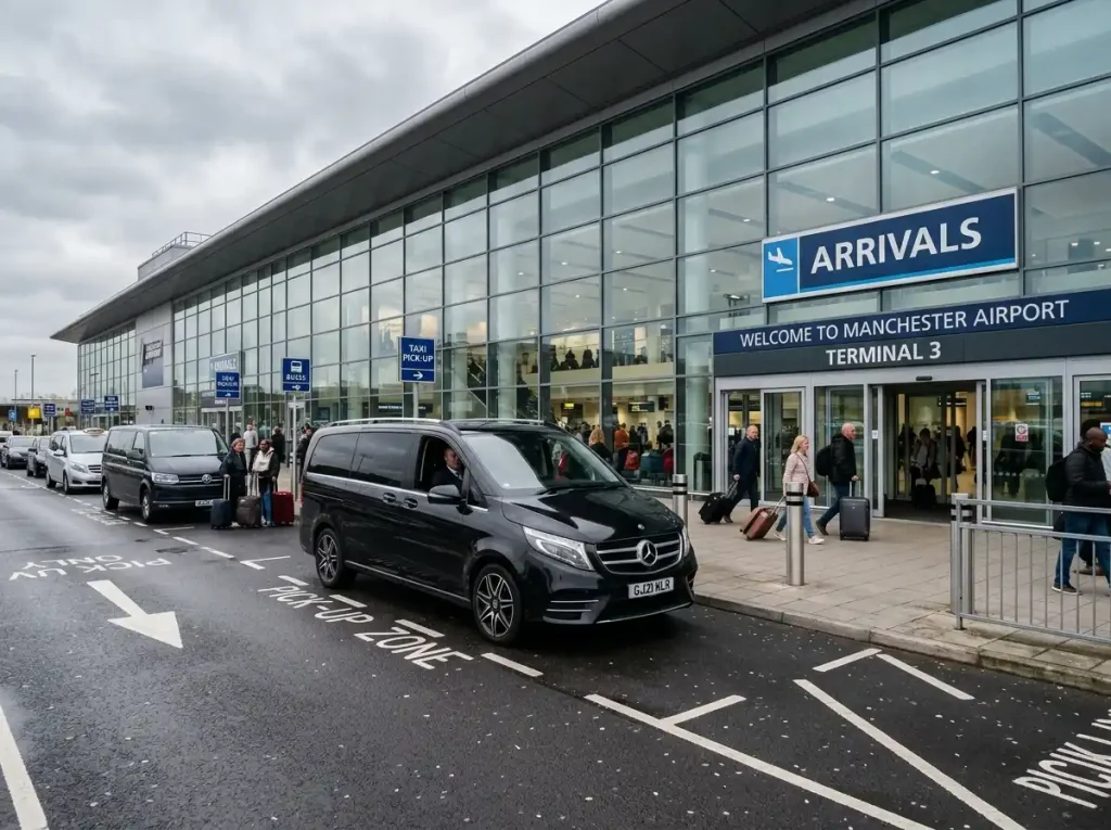 Private car hire with driver for UK airport transfers — Mercedes V-Class at arrivals