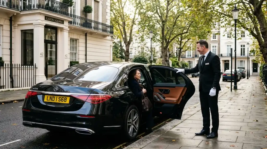 Private chauffeur hire in London — ExecRide driver beside Mercedes S-Class