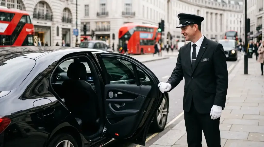 Professional chauffeur driver opening Mercedes door in London