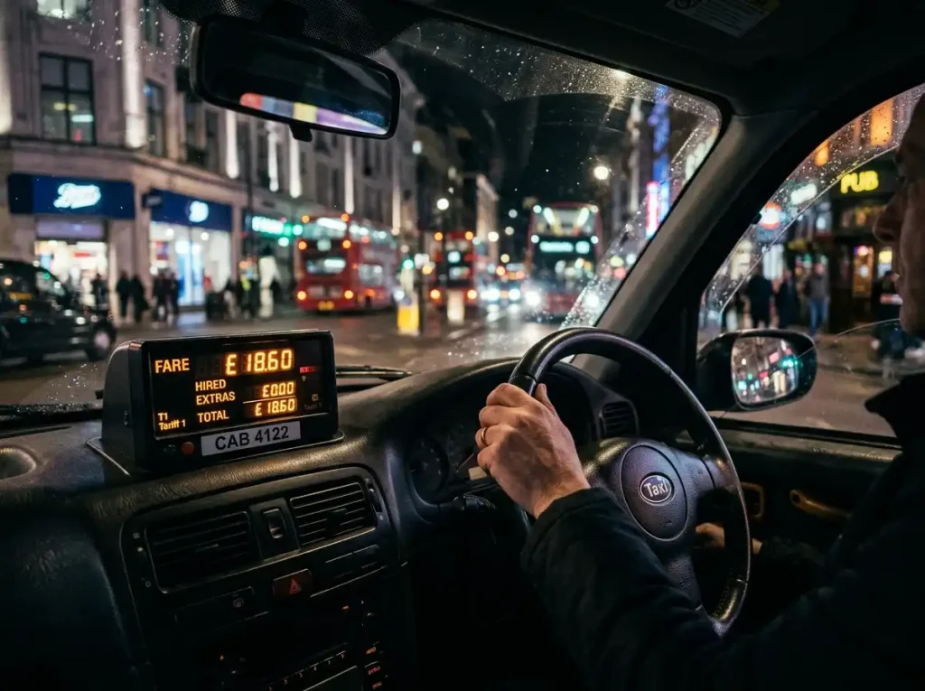 UK taxi meter showing fare pricing in 2026