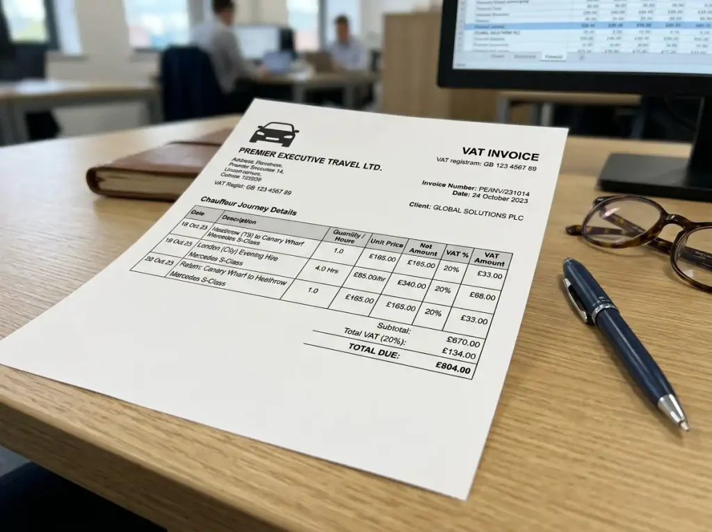 VAT invoice for corporate chauffeur business travel in the UK