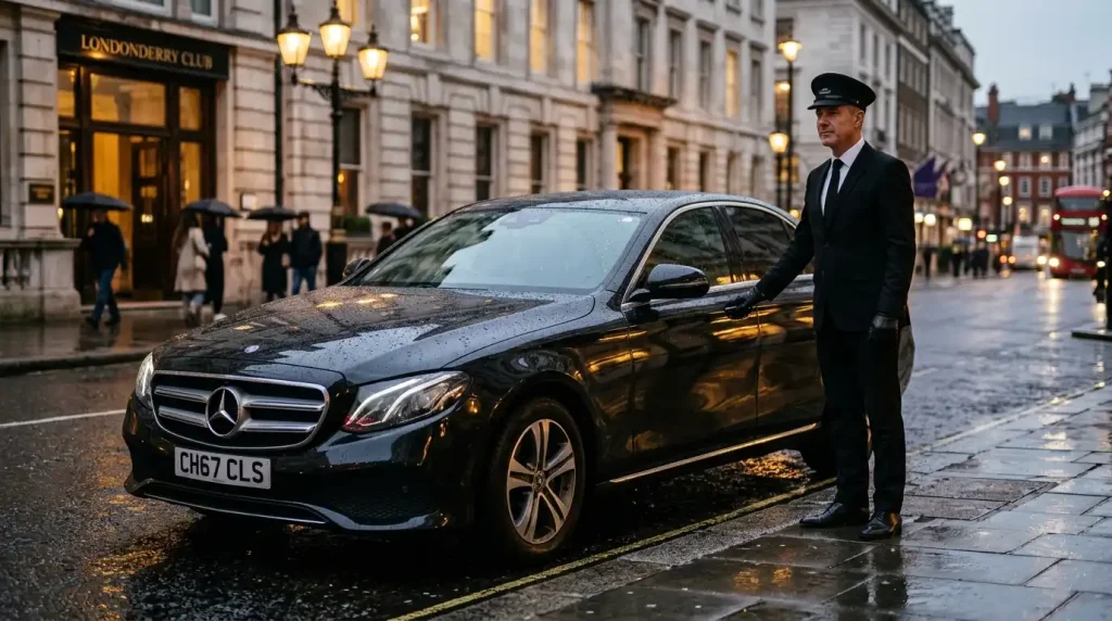 Professional chauffeur driver standing beside a luxury black Mercedes in the UK