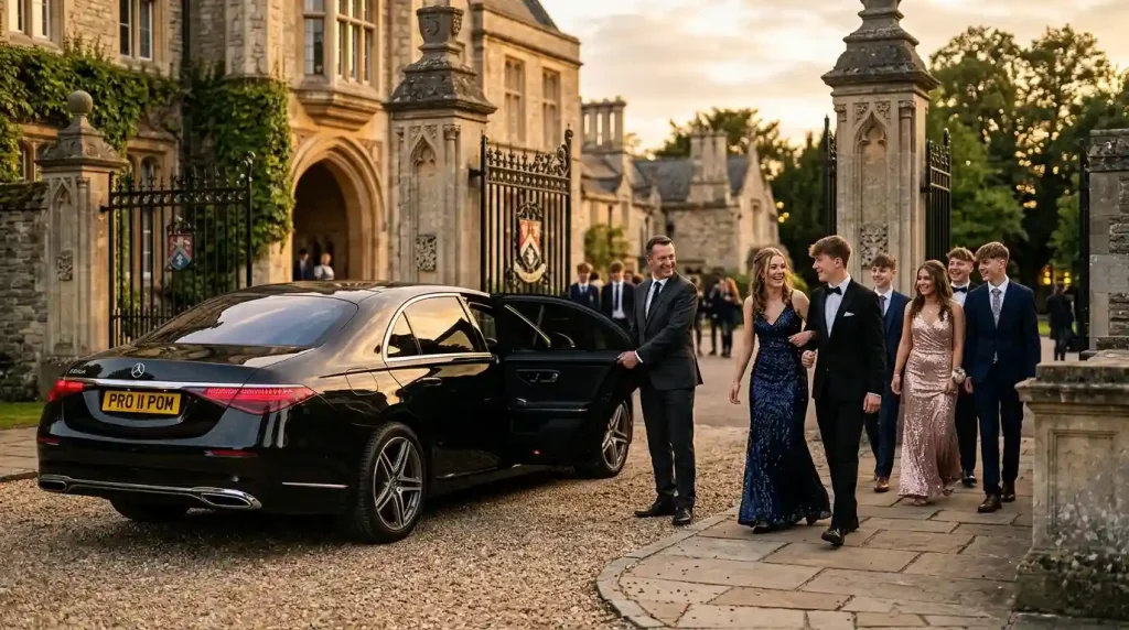 Prom car hire UK with Mercedes S-Class chauffeur outside school entrance