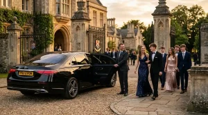 Prom car hire UK with Mercedes S-Class chauffeur outside school entrance