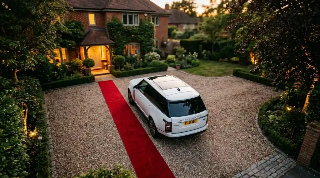 Range Rover prom car hire UK with red carpet on driveway